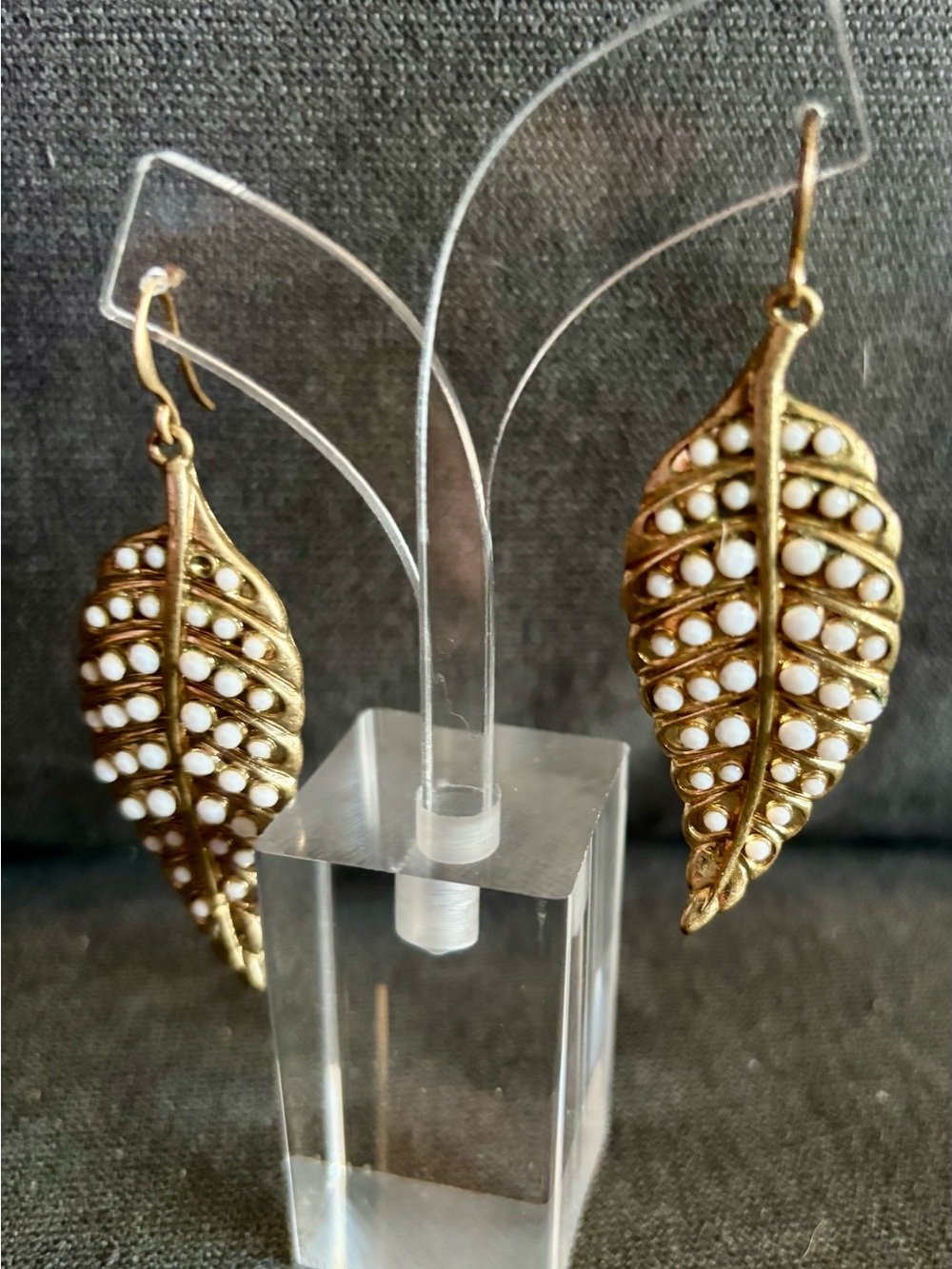 Gold Leaf Dangle Earrings with White Accents